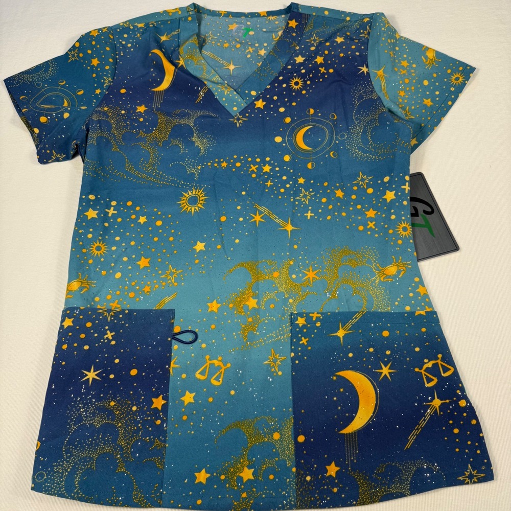 GT Performance Celestial Moon Star Print Scrub Top‎ Women's Size S